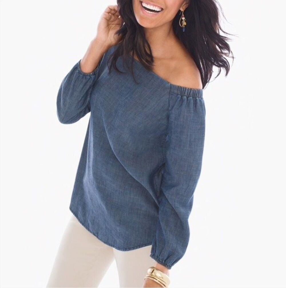 Chico's Off The Shoulder Chambray Linen Blend Denim Blue Top Size 2 (12) Large